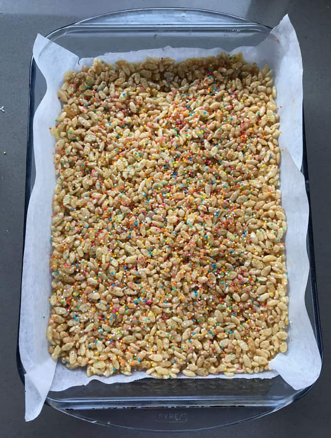 rice bubble slice mixture in a tray 