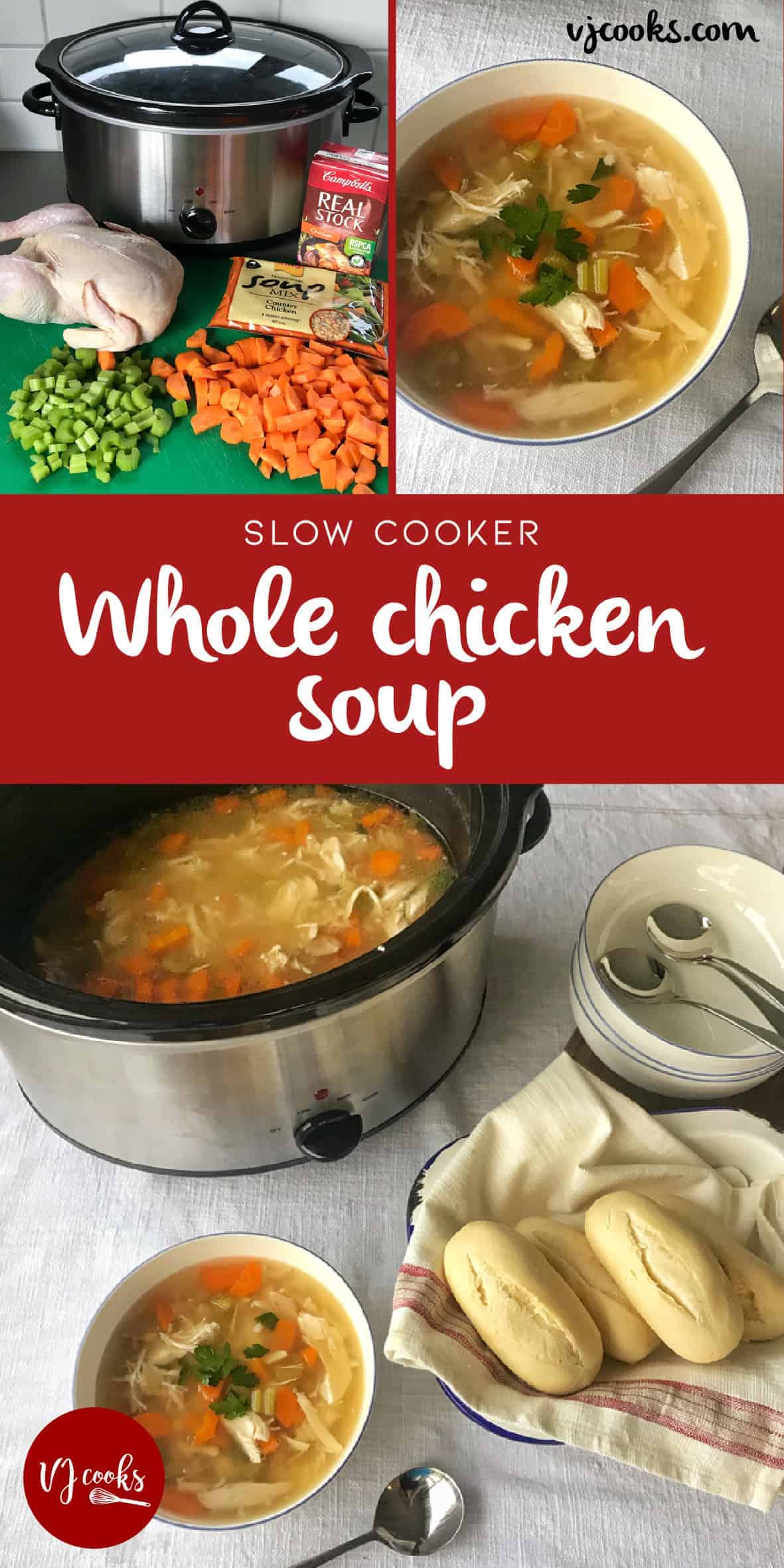 Whole chicken soup cooked in the slow cooker.