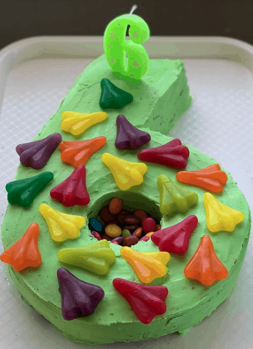 A number 6 birthday cake decorated with green icing and jet plane lollies.