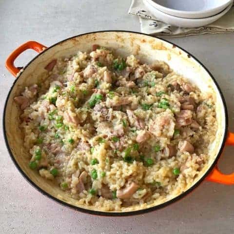 Baked chicken, bacon and pea risotto