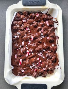 Christmas rocky road in a lined baking tin.