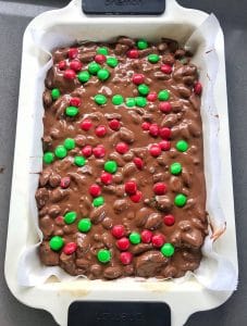 Christmas rocky road in a lined baking tin.