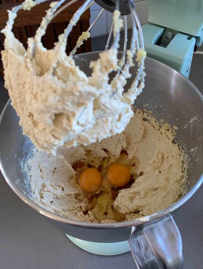 Whipping butter, sugar and eggs for chocolate chunk cookies 