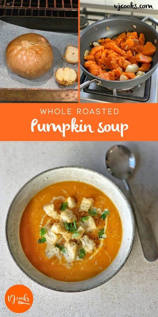 whole roasted pumpkin soup recipe by VJ cooks 