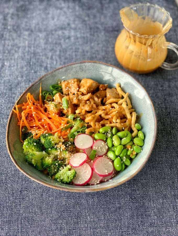 chicken buddha bowl with satay sauce from vj cooks 