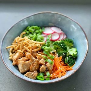 chicken buddha bowl with satay sauce from vj cooks 