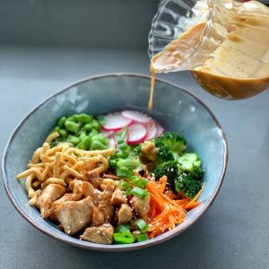 chicken buddha bowl with satay sauce from vj cooks 