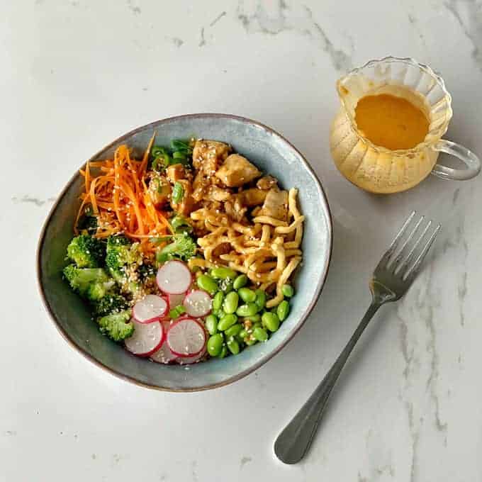 chicken buddha bowl with satay sauce from vj cooks 