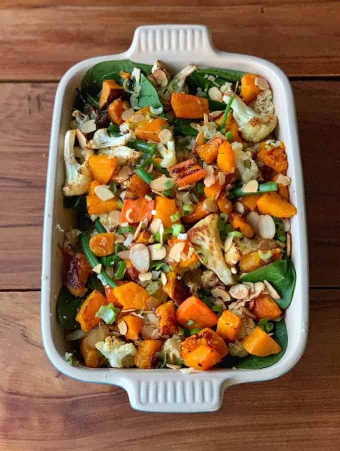 Roast vegetable salad with cous cous and spinach