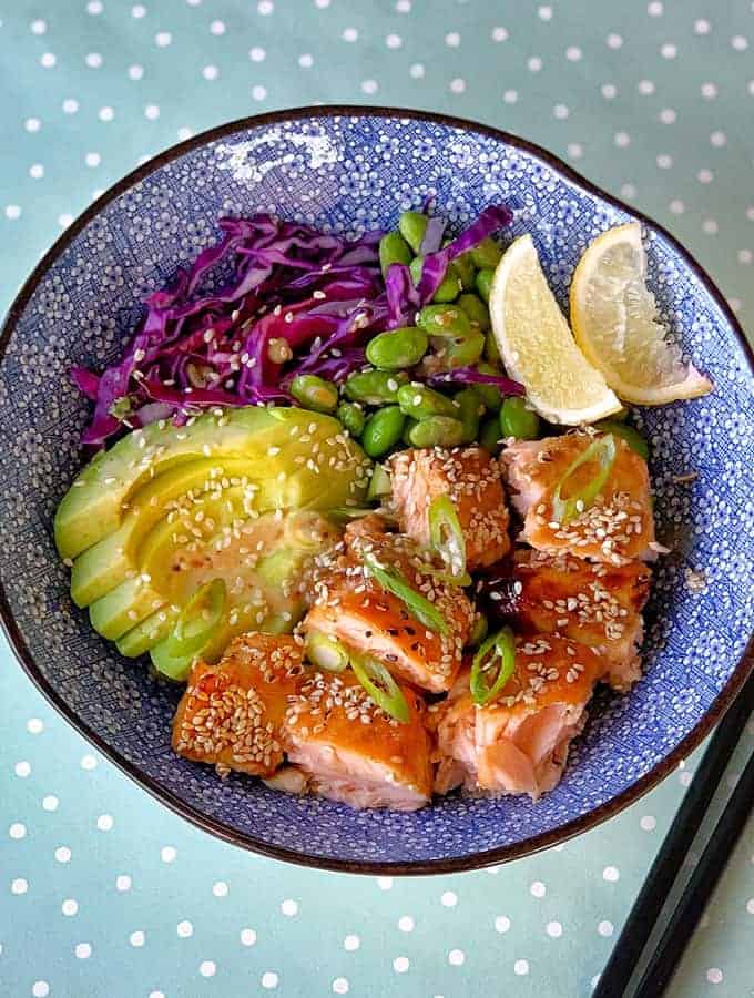 grilled honey soy salmon rice bowls