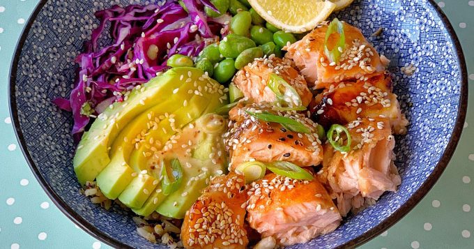 grilled honey soy salmon rice bowls