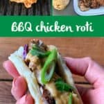 Grilled chicken pieces, fresh vegetables, and sauce are wrapped in a roti to create a flavorful Chicken Roti wrap, shown here during preparation and as the delicious finished dish.