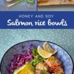 A grilled Salmon rice bowl featuring honey-soy salmon, sliced avocado, red cabbage, edamame, lemon wedges, and sesame seeds, with prep ingredients and step-by-step instructions shown above.