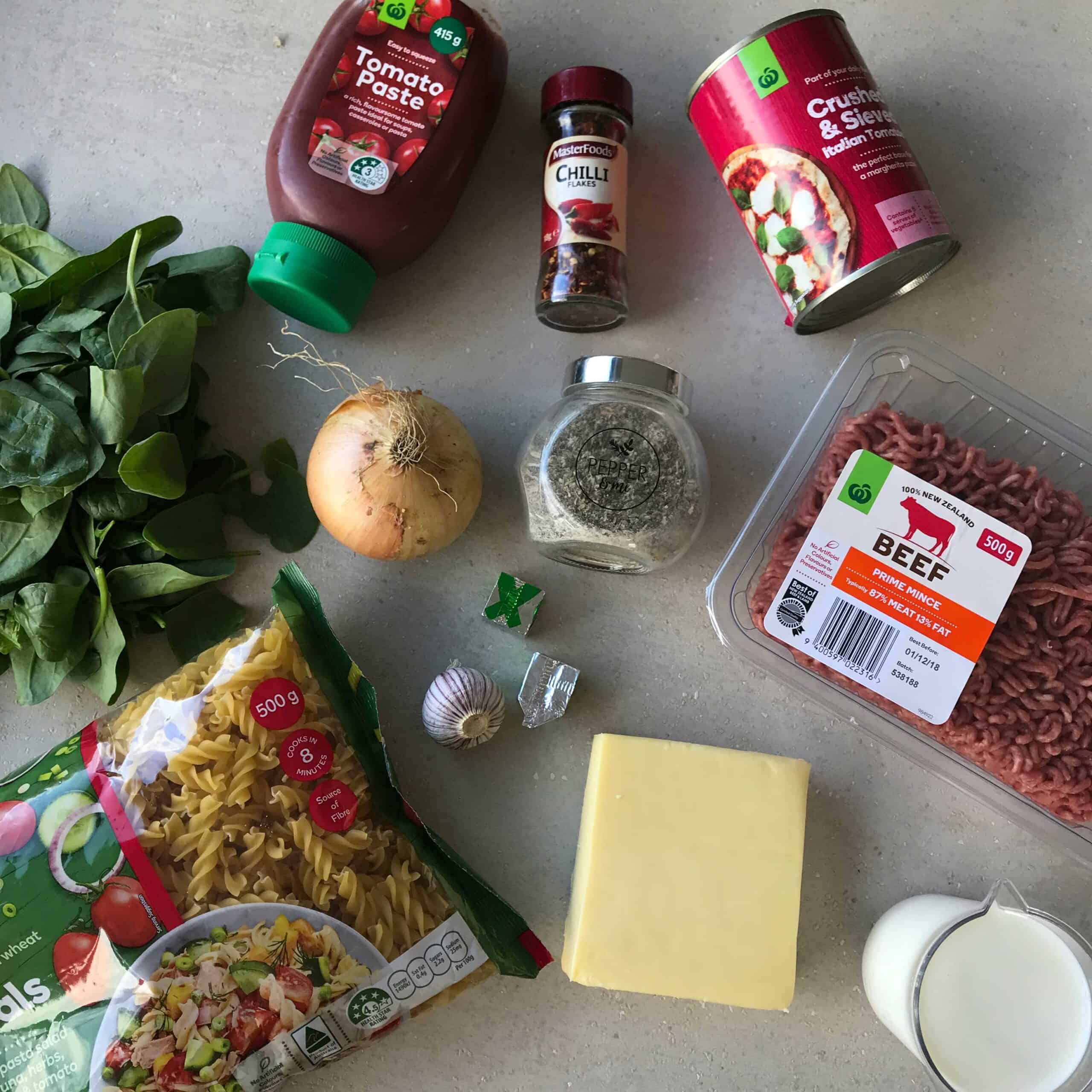 The ingredients for One Pot Mince on a grey bench.