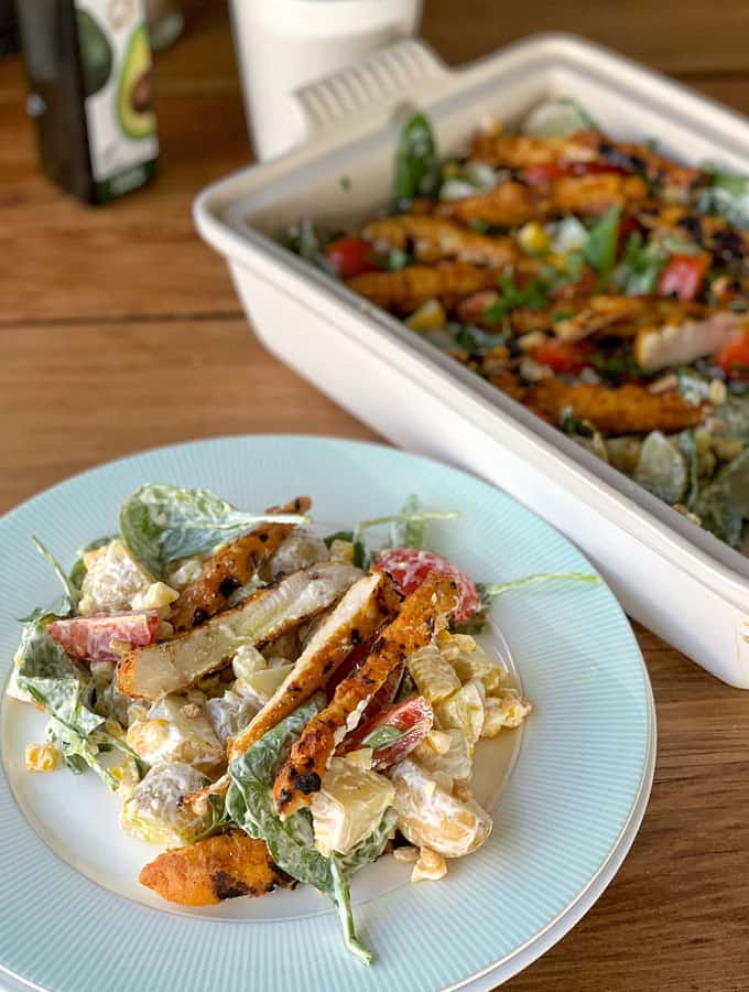 BBQ chicken, corn and potato salad