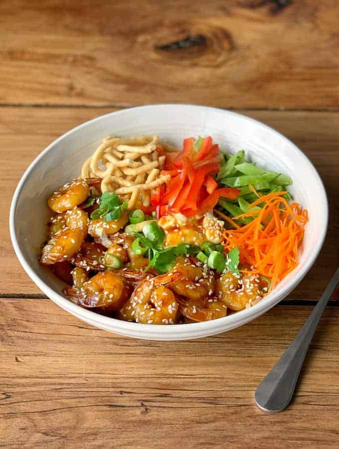 honey chilli prawn rice bowls