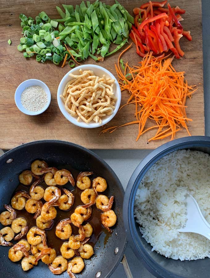 honey chilli prawn rice bowls