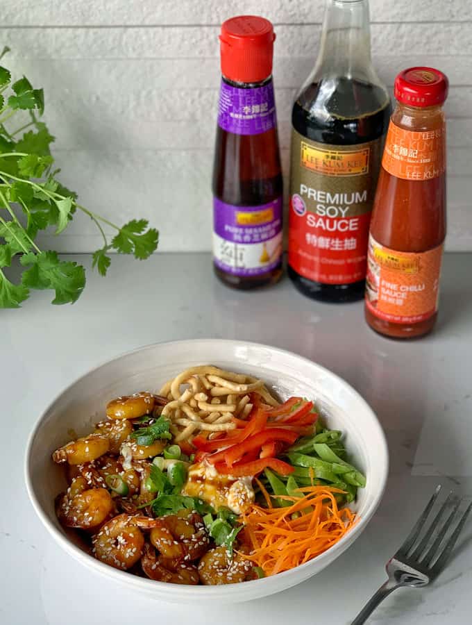 honey chilli prawn rice bowls