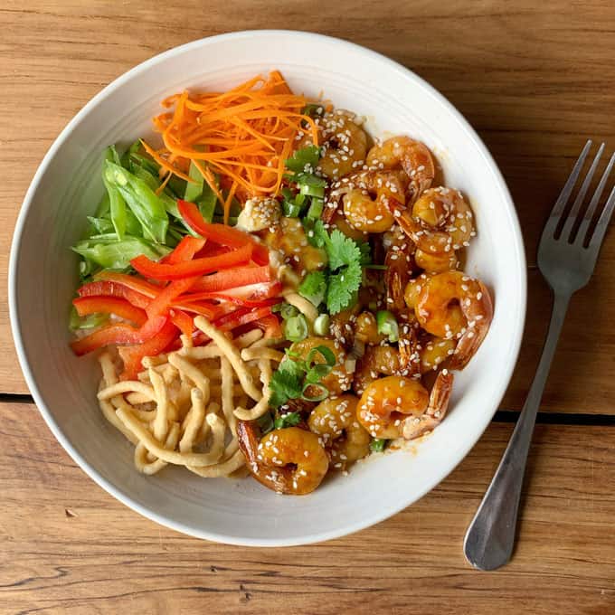 honey chilli prawn rice bowls