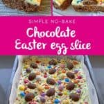 A delightful no-bake Easter egg slice, adorned with colorful candies and vibrant sprinkles, is beautifully arranged on a baking tray and cut into tempting pieces.
