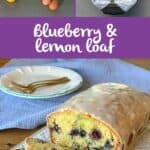 Ingredients for Lemon and Blueberry loaf, batter poured into a lined tin, and a sliced glazed Lemon and Blueberry loaf with vibrant blueberries on a white plate.