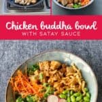 A chicken Buddha bowl with satay sauce, featuring cooked chicken, carrots, broccoli, radish, edamame, and noodles. Watch each prep step as you create this vibrant and healthy chicken buddha bowl.