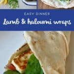Flatbread wraps filled with lamb and haloumi, lettuce, tomato, and tzatziki sauce, shown with fresh ingredients and assembled wraps. Text reads: Easy Dinner Lamb & Haloumi Wraps.