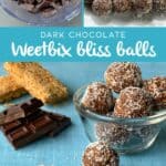 A collage featuring ingredients in a food processor, chocolate Weetbix bliss balls coated in coconut, and a glass bowl filled with bliss balls labeled Dark Chocolate Weetbix bliss balls.