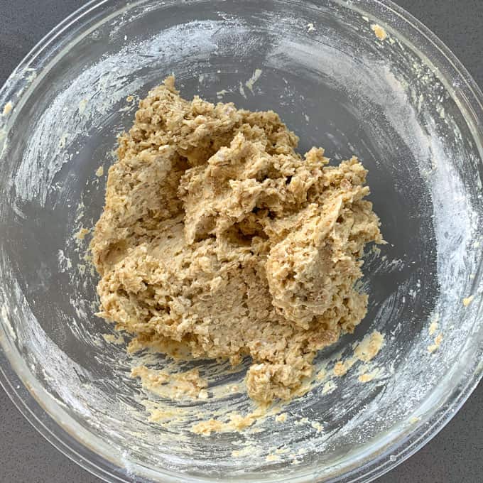 Cookie dough in a glass bowl.