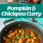 Pumpkin and chickpea curry ingredients simmer in a saucepan with chopped vegetables and curry sauce, then are served hot and garnished with fresh herbs.