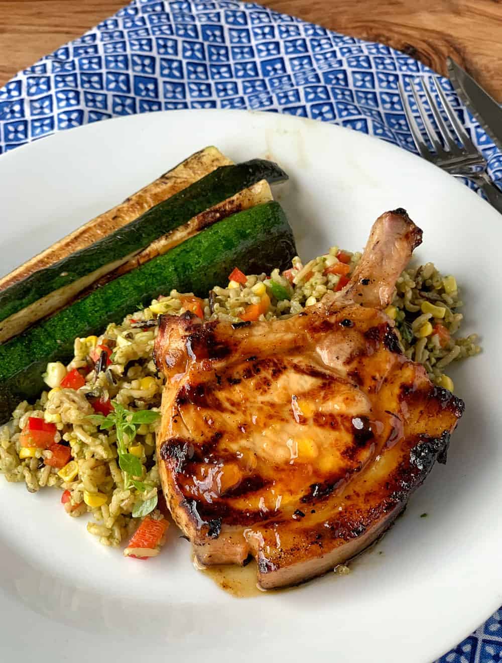 Apricot pork chops with rice salad