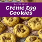Easter Treat: Indulge in our delightful Creme Egg Cookies, freshly baked on a cooling rack with a bowl of scrumptious dough and halved chocolate eggs nearby.