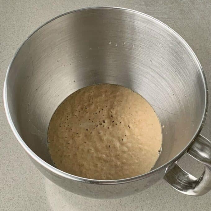 Yeast and water activating in a silver mixing bowl on a grey bench.