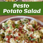 Collage showing Pesto Potato Salad being prepared with potatoes, pesto, mayo, and bacon; cooked bacon strips; and the finished Pesto Potato Salad garnished with bacon and herbs in a bowl.