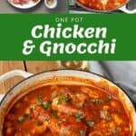 Collage showing ingredients and a cooked one pot chicken and gnocchi dish in tomato sauce, garnished with fresh herbs, in a pot on a table.
