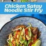 Ingredients for Chicken Satay Noodle Stir Fry are displayed above a finished bowl of the dish, garnished with peanuts, sliced vegetables, and lime wedges for a vibrant touch.