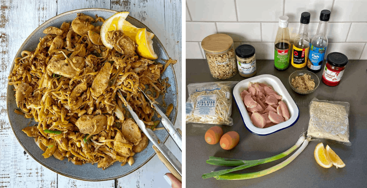 Chicken Pad Thai on a plate and the ingredients used to make it.