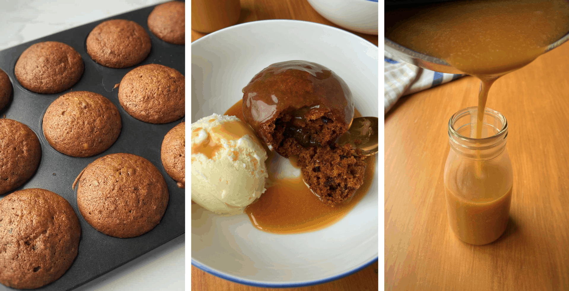 Three images of sticky date pudding, in the muffin tin, in a white bowl with ice cream and butterscotch sauce being poured into a bottle.