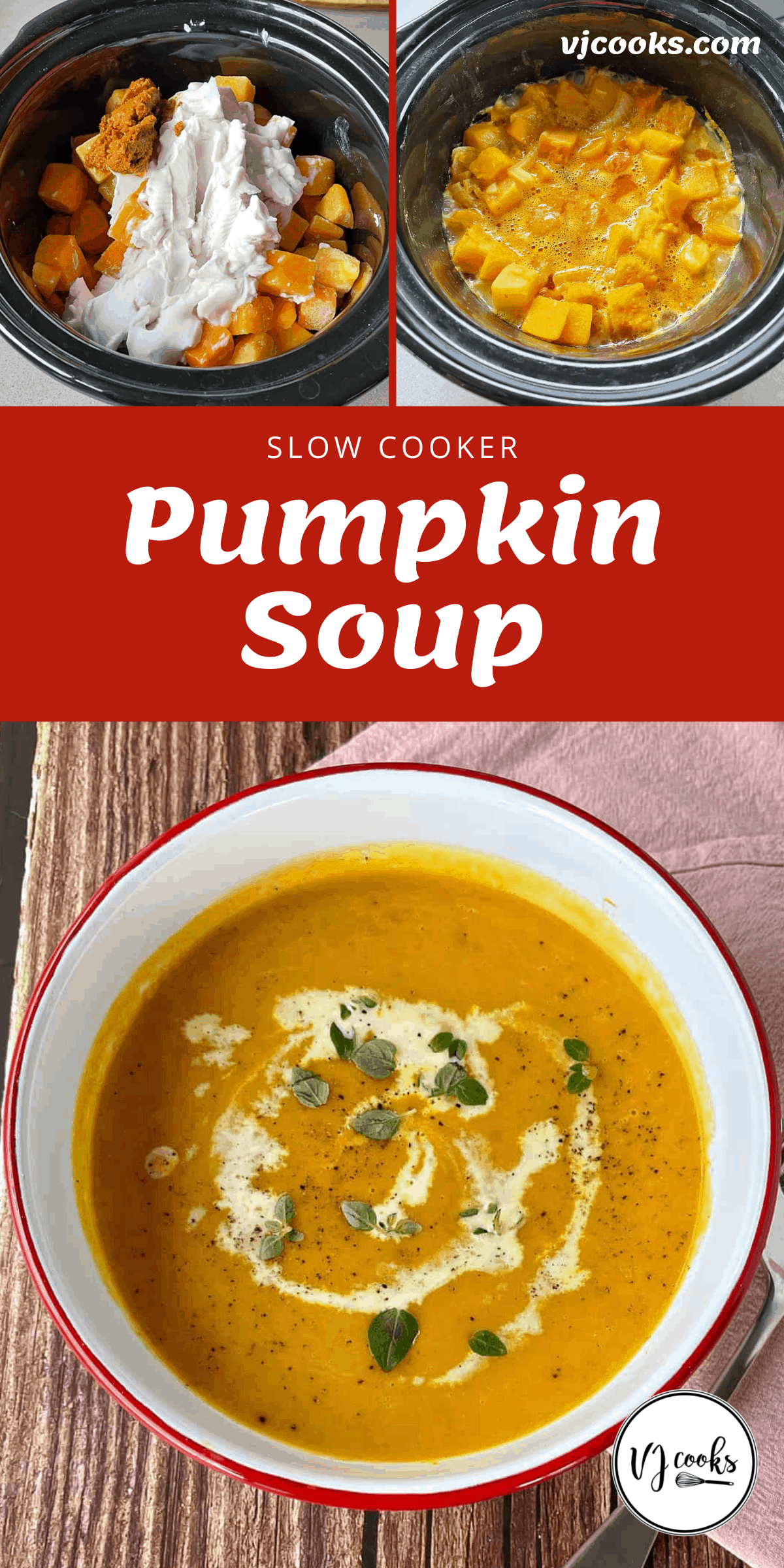 The process of making pumpkin soup in the slow cooker.