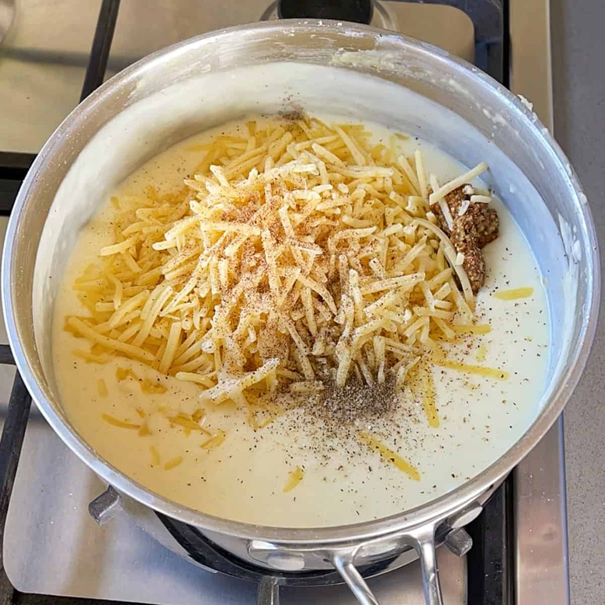 Cheese sauce ingredients in a pot.