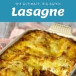 Three photos show Lasagne preparation: white sauce in a pot, meat sauce in a pan, and a baked cheese-topped Lasagne in a blue dish with a serving removed.