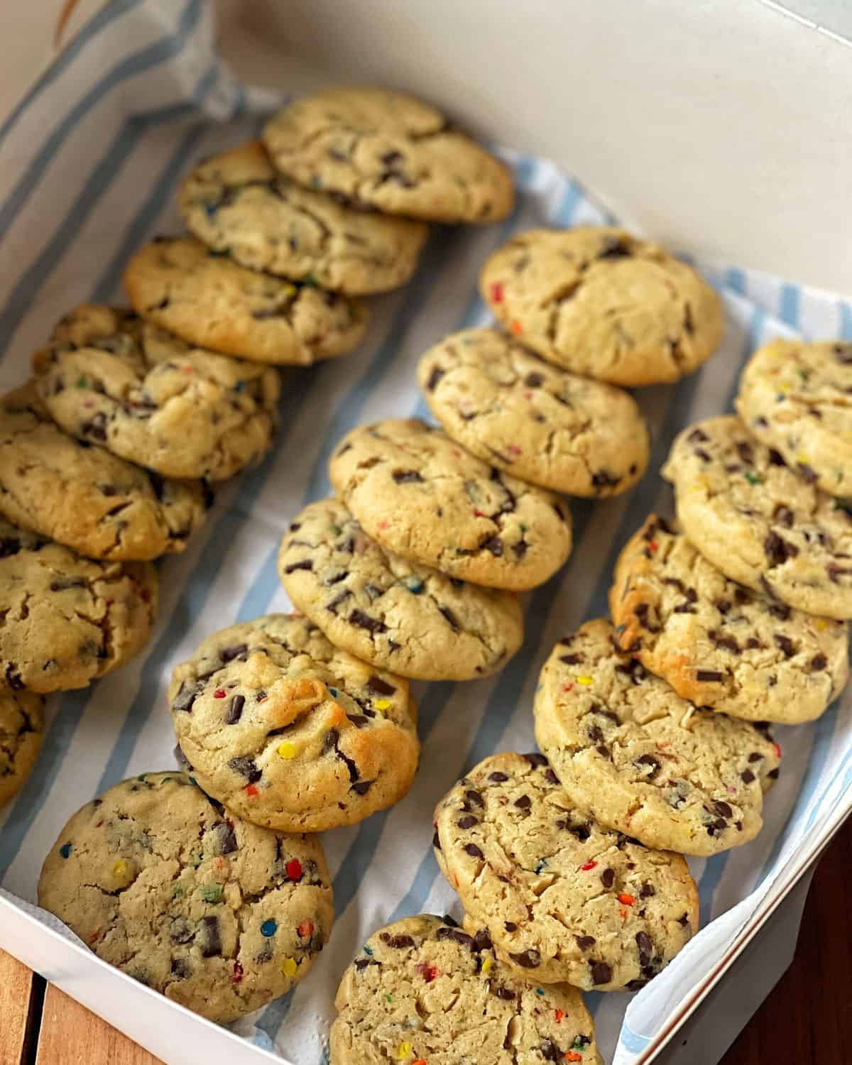 Oaty choc chip cookies in a cardboard box