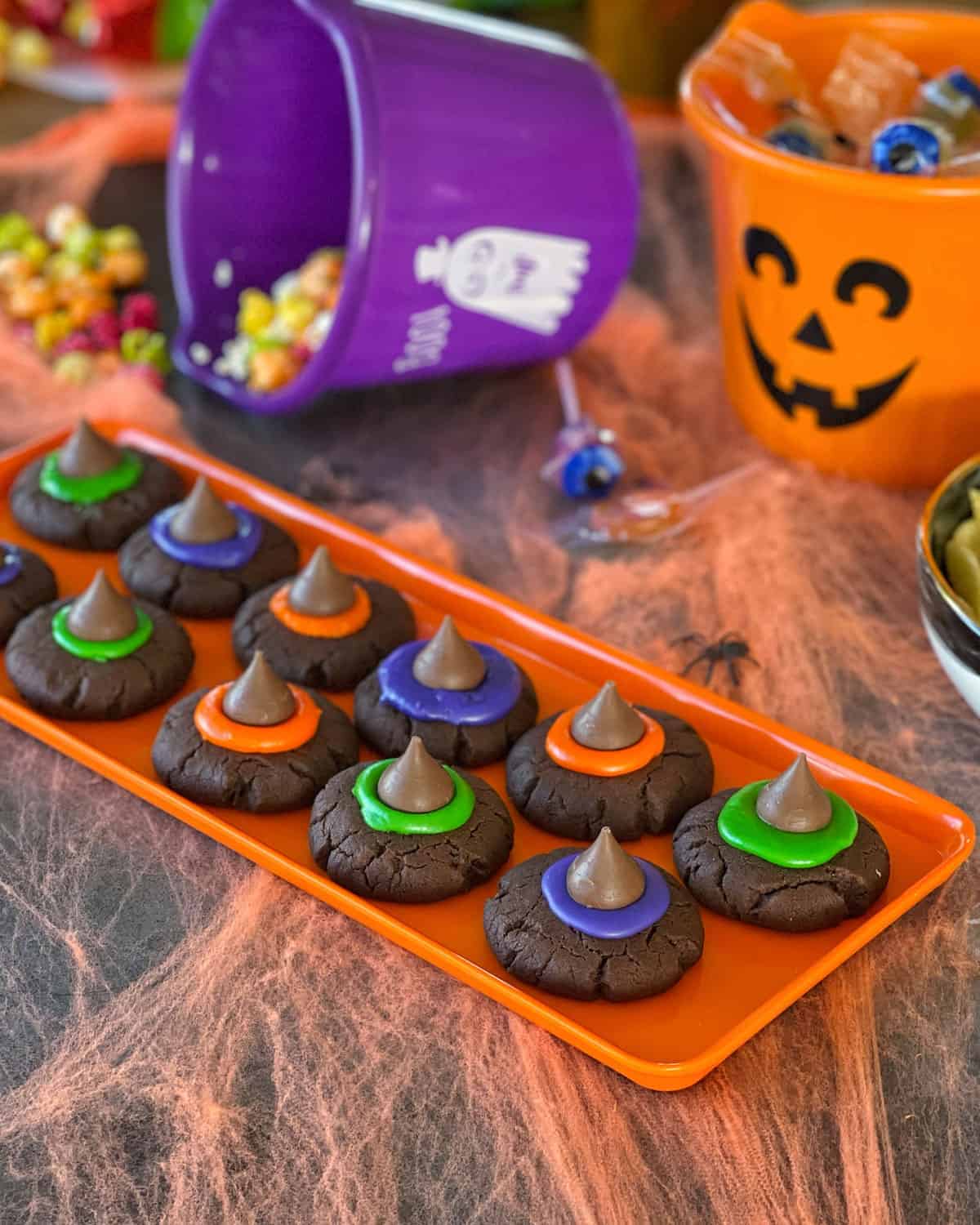 Halloween Witches' Hat Cookies on an orange tray