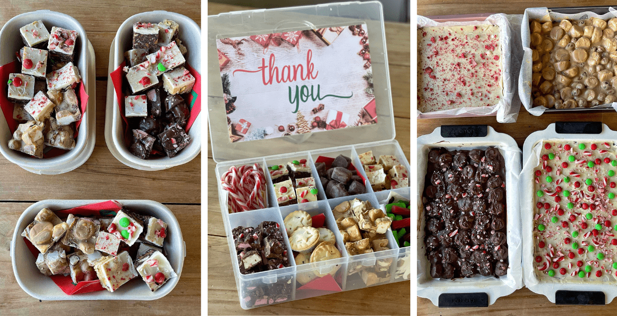 the process of making a Christmas Treat Box with homemade chocolate slices.