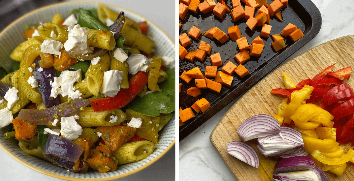 the process of making Roasted vegetable and pesto pasta salad