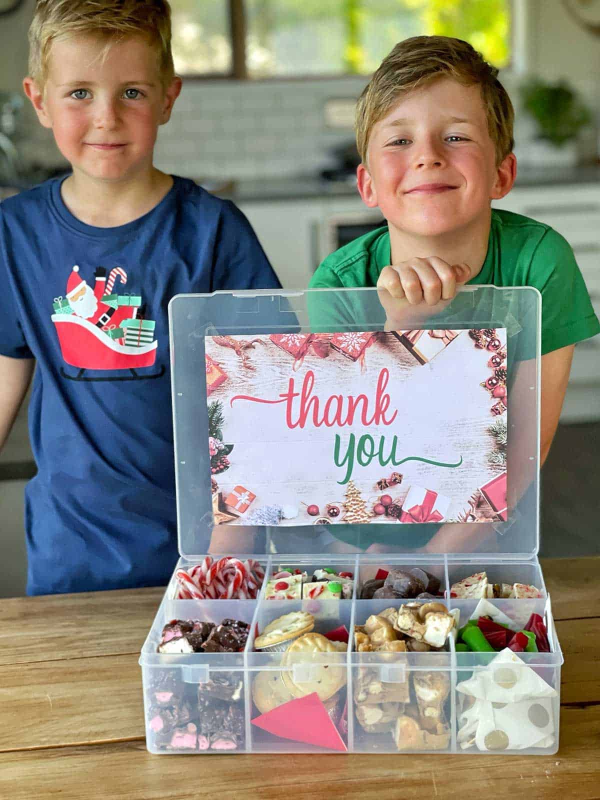 Two boys standing behind a large plastic bow filled with Christmas treats