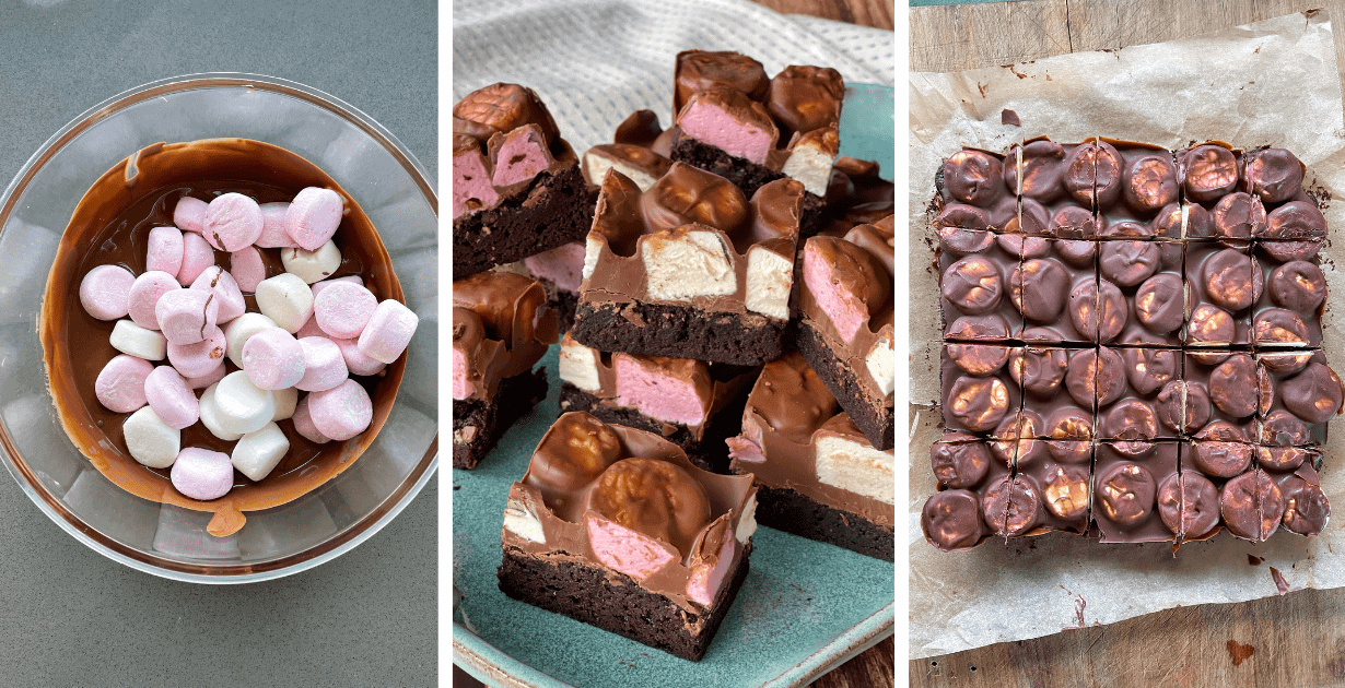 the process of making Marshmallow Brownie Slice