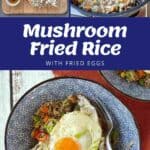 Collage showing Mushroom Fried Rice ingredients, the cooking process, and a finished bowl topped with a fried egg, garnished with sliced chili and green onions.