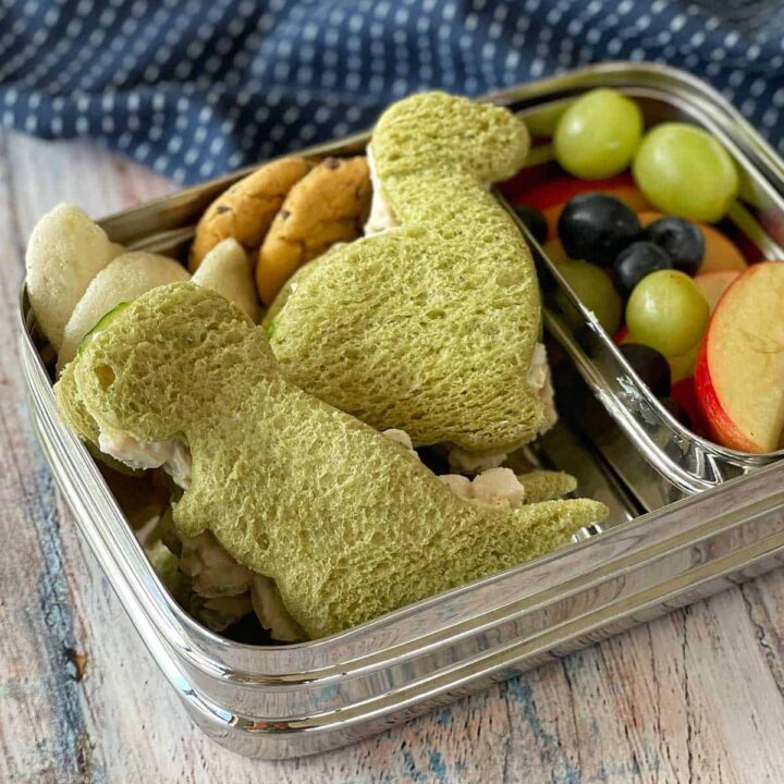 Dinosaur shaped chicken salad sandwiches in a child's lunchbox