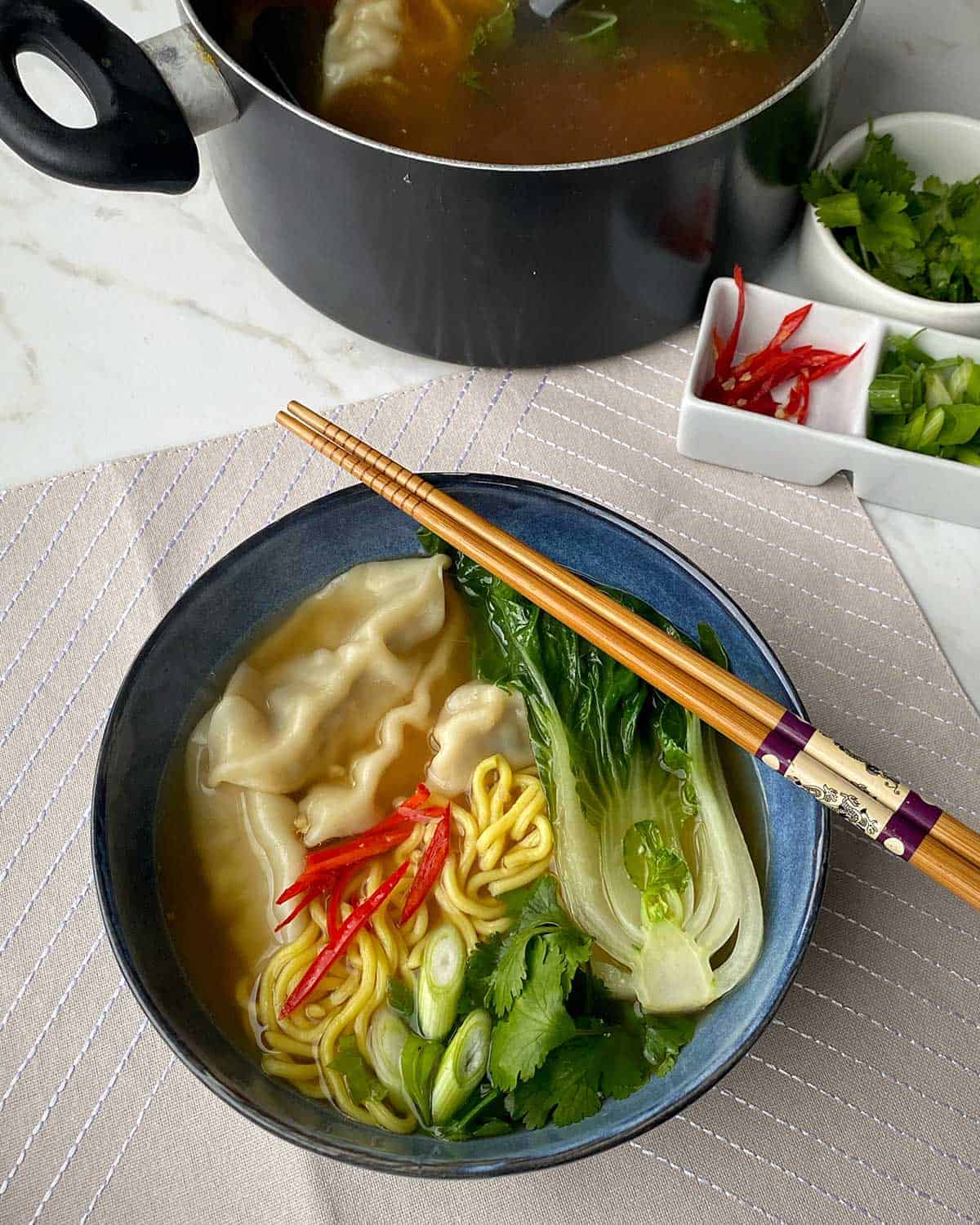 A bowl of Dumpling Noodle Soup next to a serving pot and garnish.